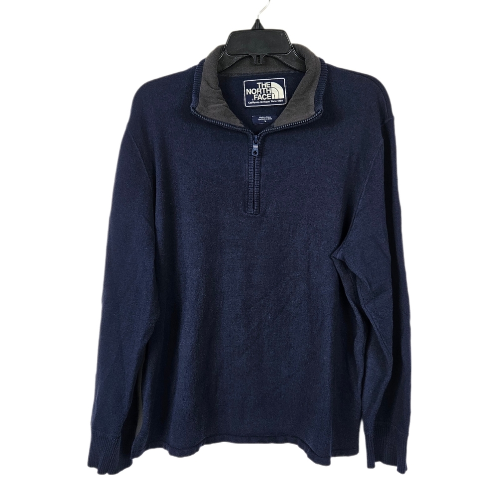 North Face Sweater Mens L Cotton Wool Blue Long Sleeve Pullover 1/4 Zip Layer